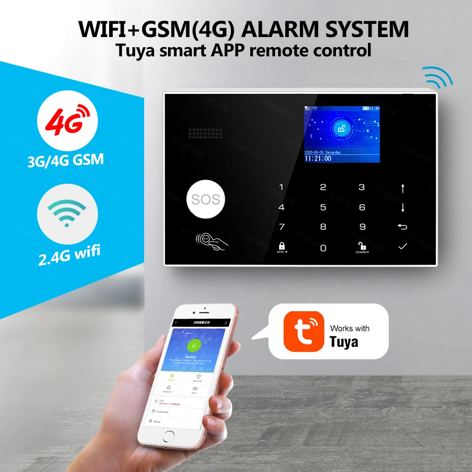 KERUI Allarme 4G con pulsante campanello Sistema di allarme domestico Sicurezza Funziona con Alexa Tuya Smart App Sensore di movimento anti-animale domestico G34