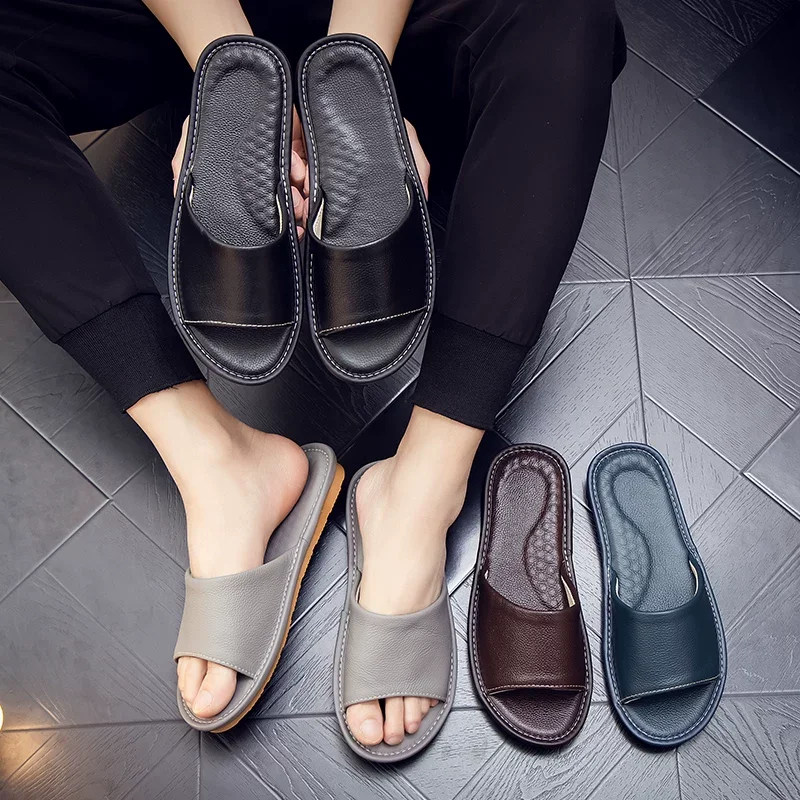 

Couple's Genuine Leather Slippers – Summer Indoor Soft Air Cushion Cowhide Sandals for Men and Women, Non-Slip Home Footwear