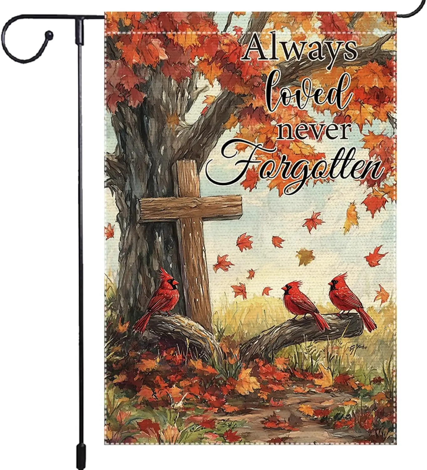 Fall Garden Flag 12x18 Inch Double Sided Small Burlap Always Loved Never Forgotten Cardinal Memorial Autumn Tree Outdoor Yar llp