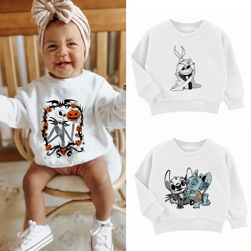 Jack Skellington Children Sweatshirts Halloween Pullover Anime Cartoons Casual Clothes for Girls Boys Kid Cotton Kawaii Tops