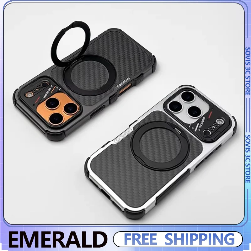 

Магнитный чехол EMERALD с текстурой под волокно, алюминиево-силиконовый, противоударный защитный чехол для iPhone 17 Pro/17 Pro Max с держателем