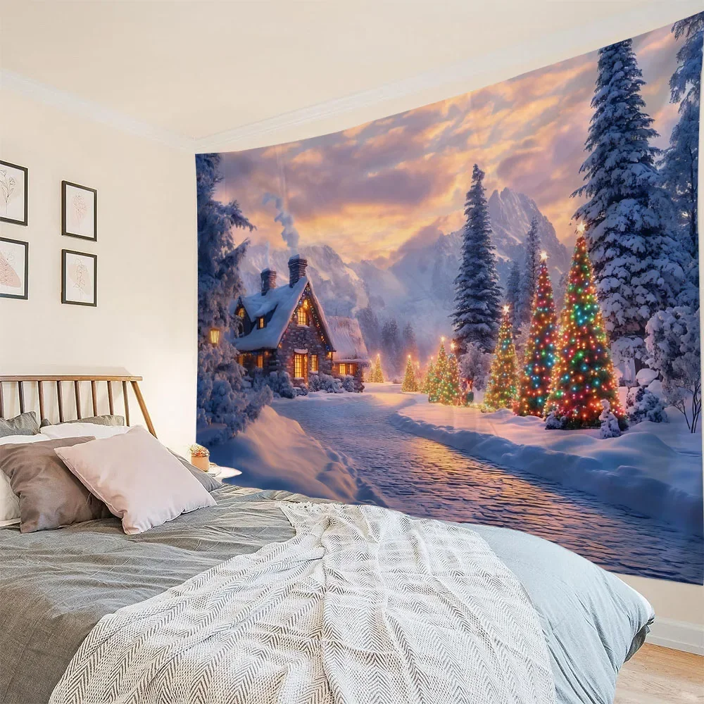 Christmas large fabric tapestry, forest snow landscape wall hanging cloth holiday background poster, home Christmas decoration