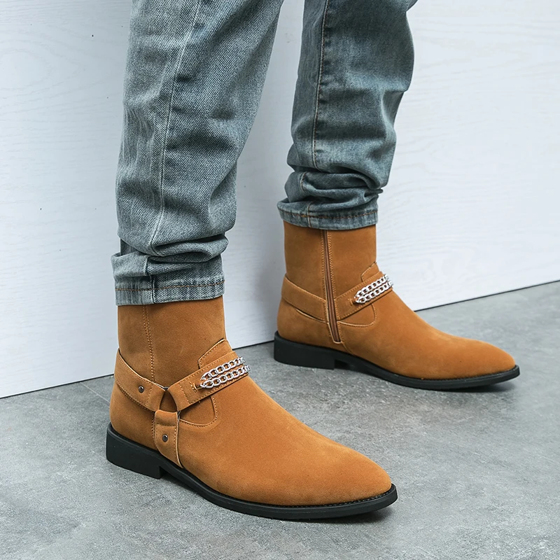 Autumn and Winter Matte Leather Chelsea Boots with Chain Side Zipper for Men Short Boots British Fashion Trendy Boots