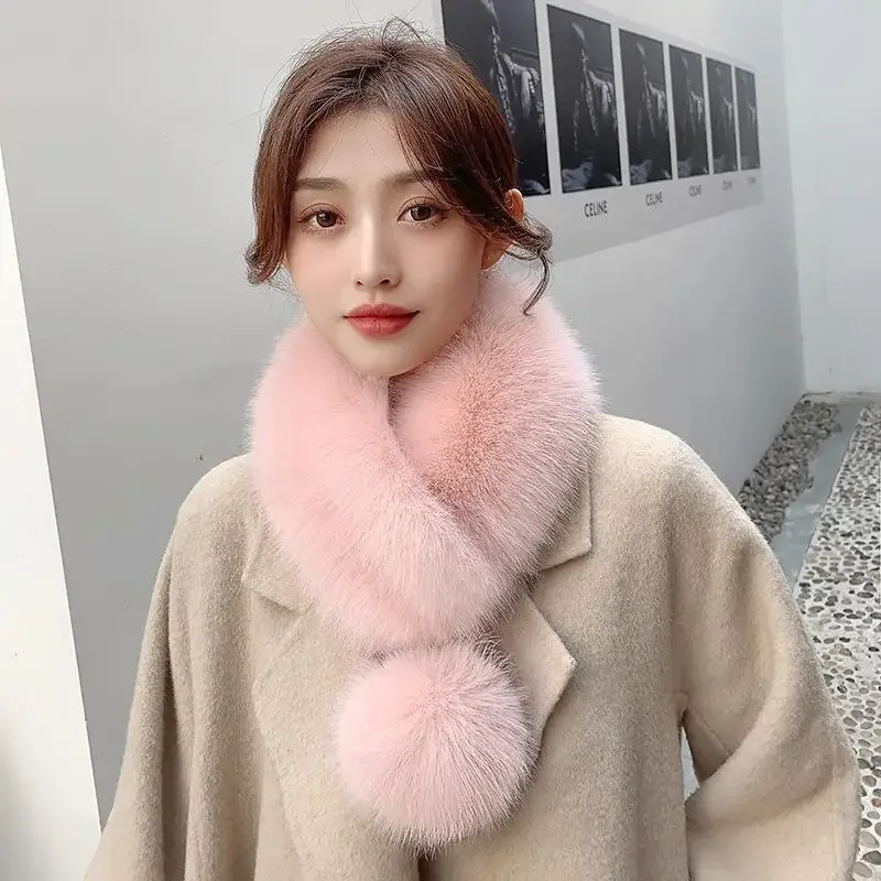 Fashionable and trendy scarf, versatile imitation fur warm scarf, Korean version, white fox fur fur collar, ribbon ball, winter