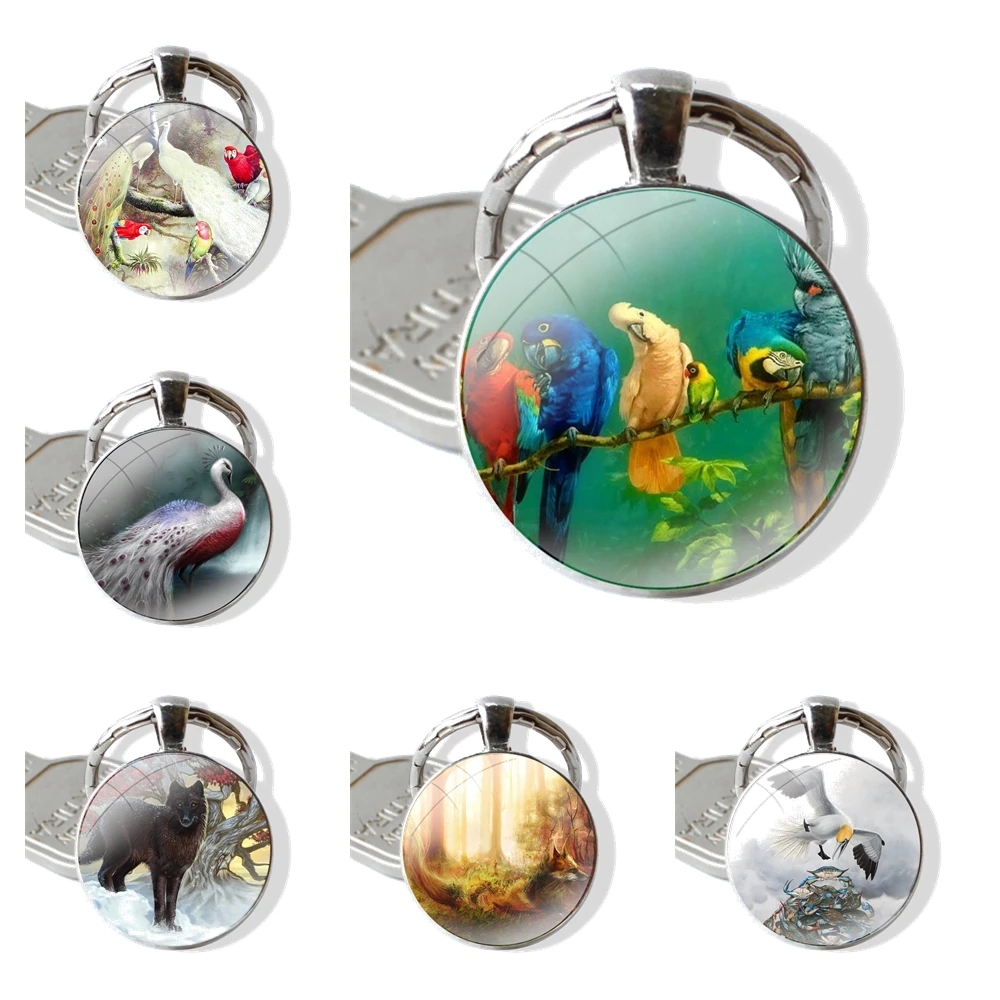 Keychain Handmade Glass Cabochon Key Ring Holder Pendant Key Chains Landscape Animal Swans Butterflies Peacock