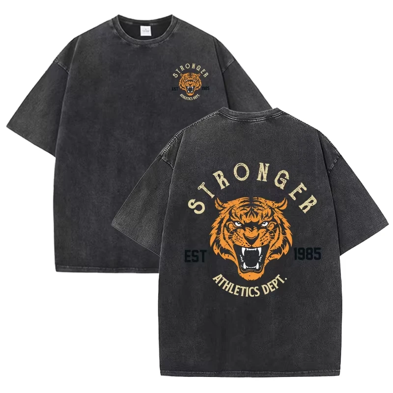 Stärkerer Tiger Sport Print Wash T-Shirt Frau Sommer Bequemes gewaschenes T-Shirt Lässige Shortwear Weiche Baumwolle Unisex Kleidung