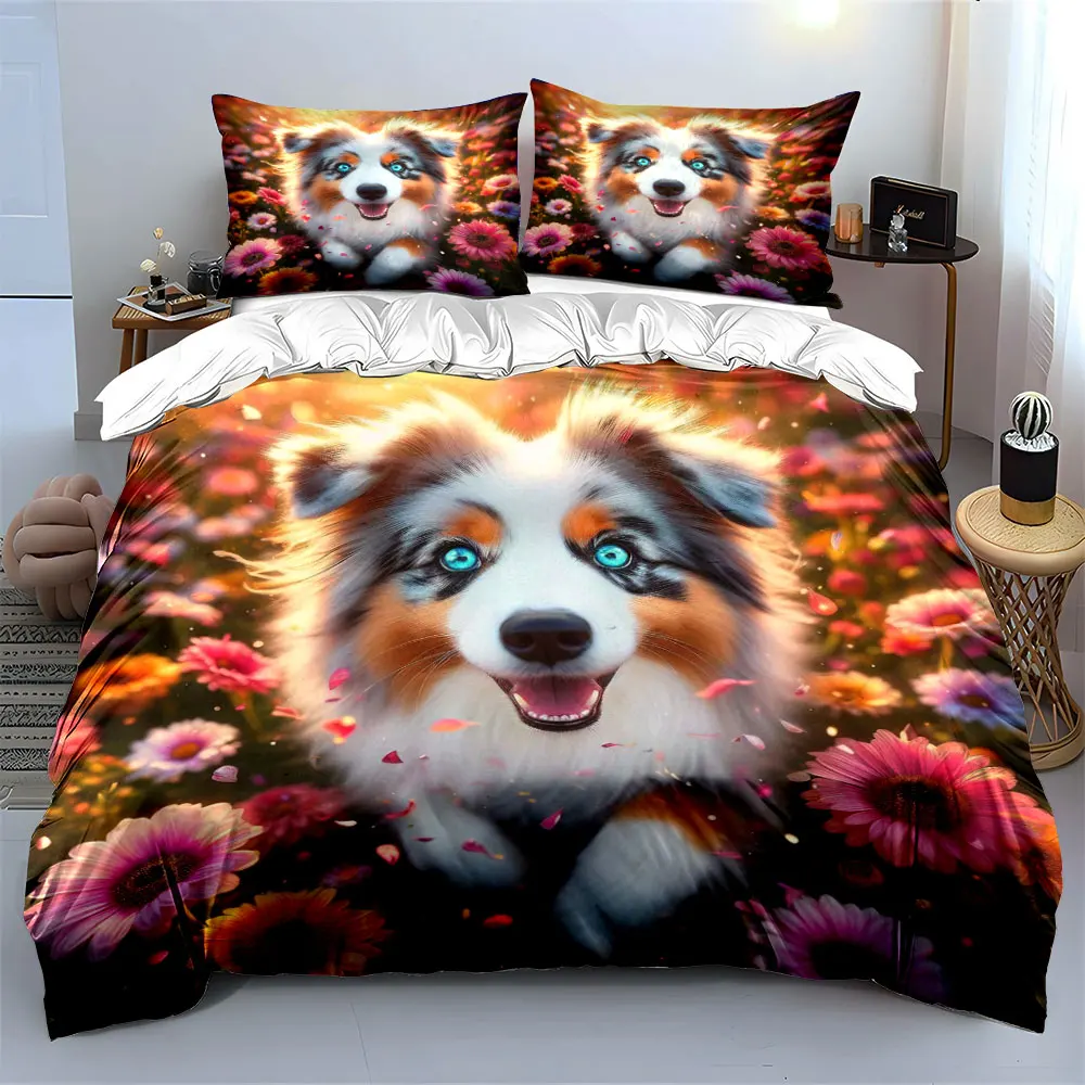 3pcs Sheepdog frolicking in flowers Duvet Cover Set with 3D Printing Design Soft Polyester Bedding Set All-Season Comfort