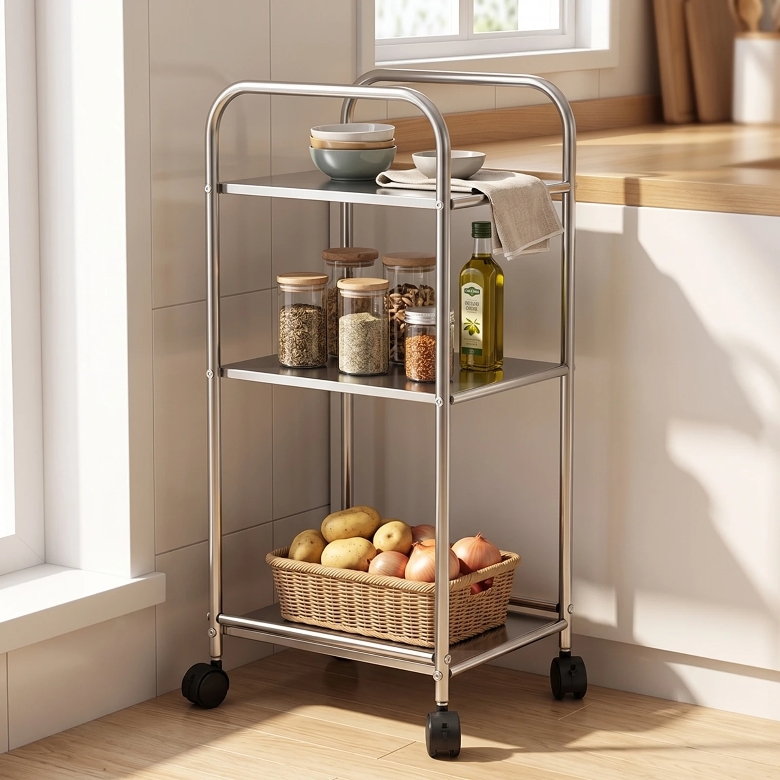 Stainless Steel Rack Slim Metal Shelving Unit Storage Rack with Metal Frame Multi Purpose Organizer Shelf Space-Saving