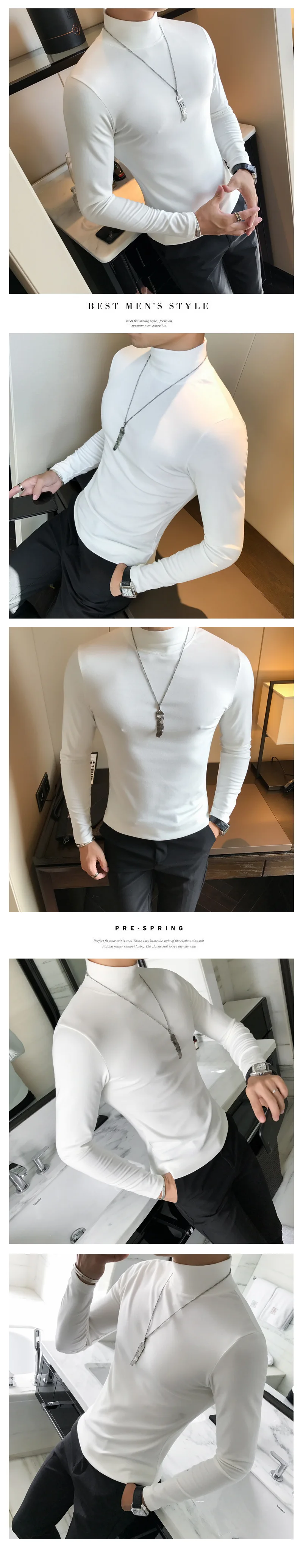 Frühling Neue männer Rollkragen T-shirt Langarm Slim Fit Einfarbig Hohe Elastische Bodenbildung Pullover Grundlegende Stil Männliche Tops – Detail 5