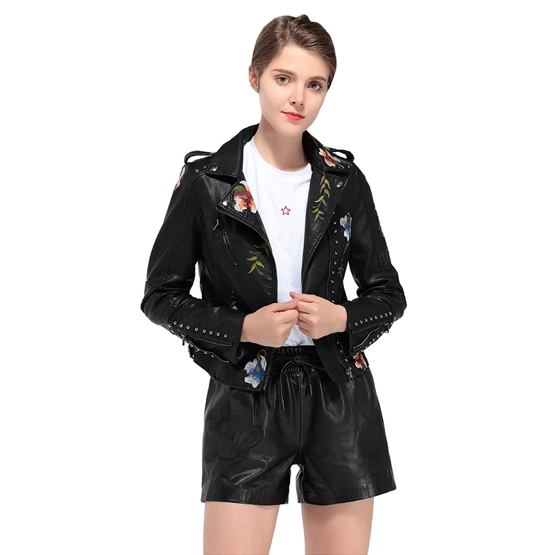 Fitaylor Women Faux PU Leather Jacket Lady High Street Motorcycle Leather Jacket Casual Floral Embroidery Rivet Coat