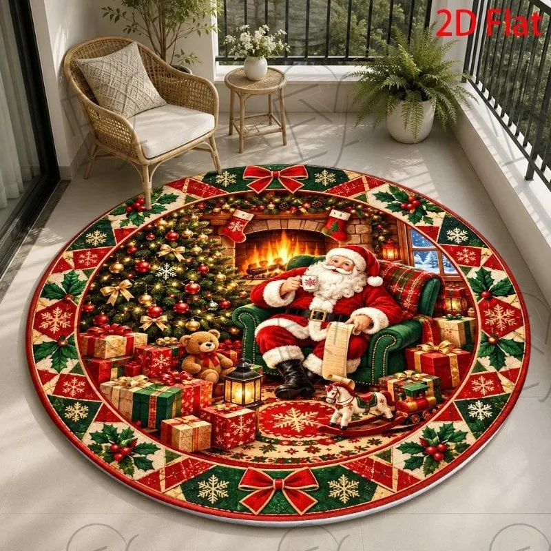 Classic Santa Claus Round Rug Christmas Fireplace Teddy Bear Circular Carpet Living Room Toy Train Bedroom