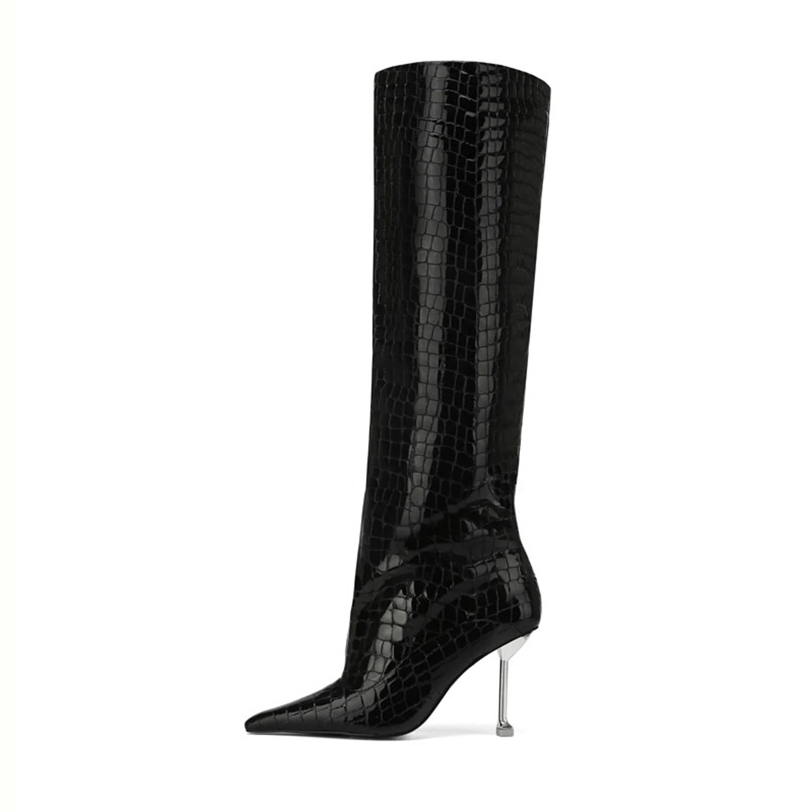 Arden Furtado Spring Embossed leather Knee high boots Pointed toe Sexy Metal Stilettos heels Slip-on Modern boots Large size