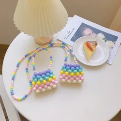 Kids Fashion Bag Rainbow Beads Crossbody Bags for Girls Handmade Party Tote Hand Bag Toddler Purses and Handbags Gift