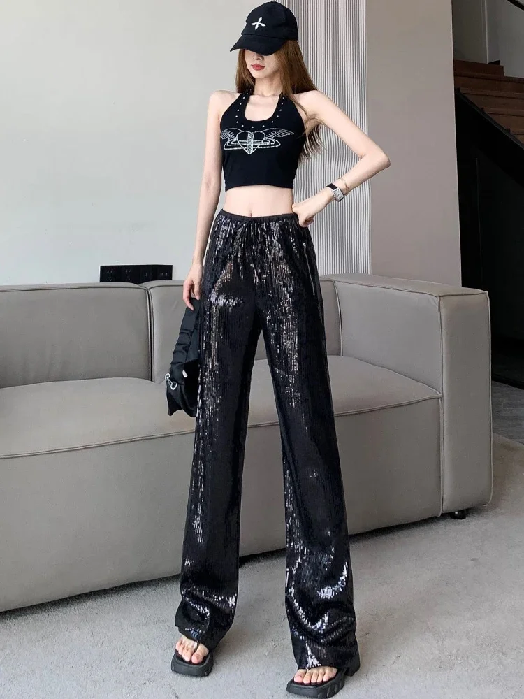 Błyszczące spodnie z szerokimi nogawkami dla kobiet Jesienne spodnie z wysokim stanem ze sznurkiem Casualowe spodnie z prostymi nogawkami o długości do podłogi 2025 Nowa wiosna