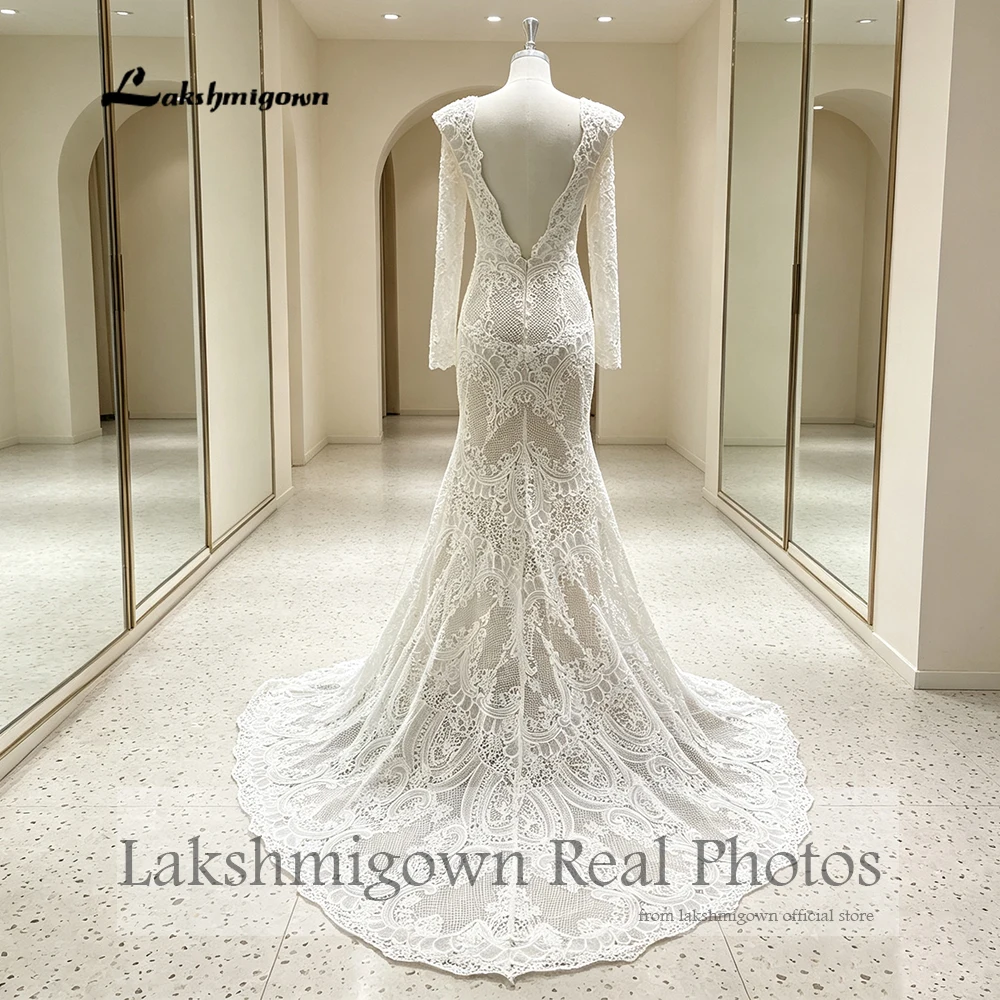 Lakshmigown Spitzen-Meerjungfrauen-Hochzeitskleid, schickes Häkelspitzenkleid mit offenem Rücken, Bohemian-Stil, kurze Ärmel, V-Ausschnitt, Brautkleider nach Maß – Detail 6