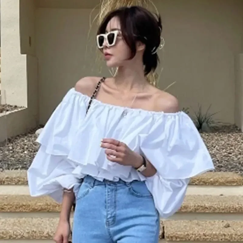 Matakawa Blusas Mujer Solid Lantern Sleeve Solid Ruffles Spring Summer Vintage Women Blouses Chic Korean Fashion Elegant Shirts