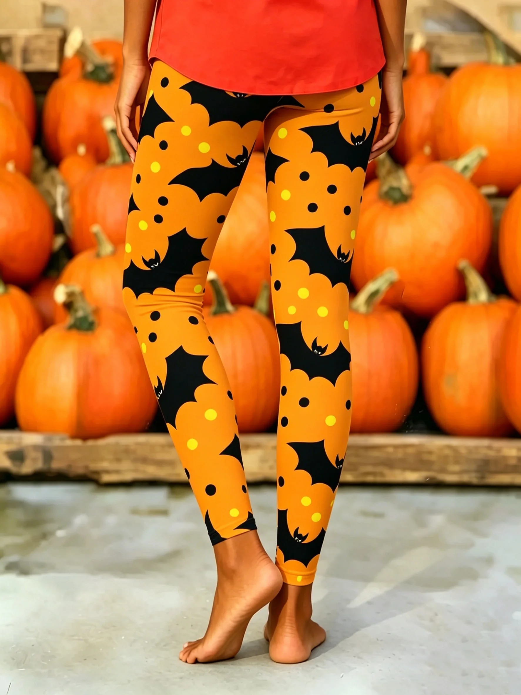 Women Mid‑Rise Fleece Lined Leggings Halloween Bat Dot Print Warm Elastic Party Long Pants