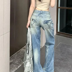 American Retro Washed Distressed Low Rise Jeans for Women's High Street Niche Design Straight Leg Floor Length Pants Long Pants