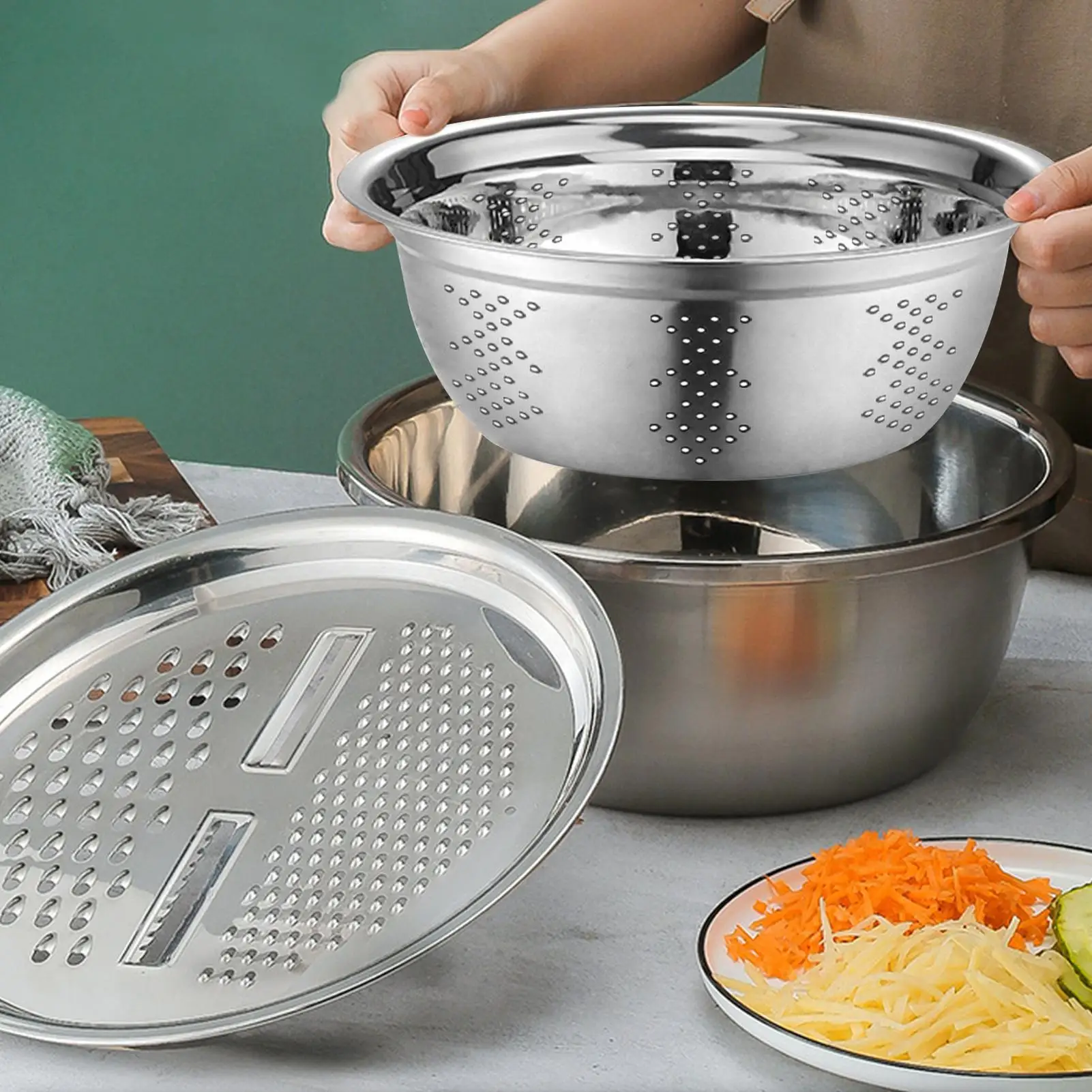 

Stainless Steel Basin Set Multifunctional Mixing Bowl Set Grater Bowl 3 In one Salad Maker Bowl Mixing Bowl Set With Drain Bask