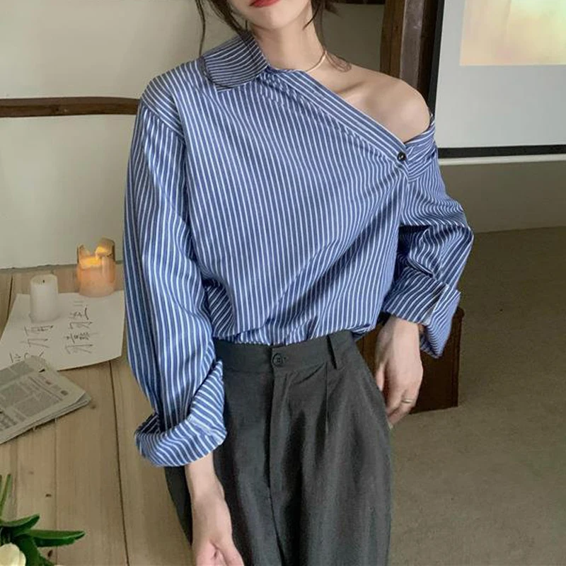 Women Striped Print Asymmetric Design Chic Streetwear Shirts Trendy Korean Style Sexy Off Shoulder Blouses Long Sleeve Loose Top