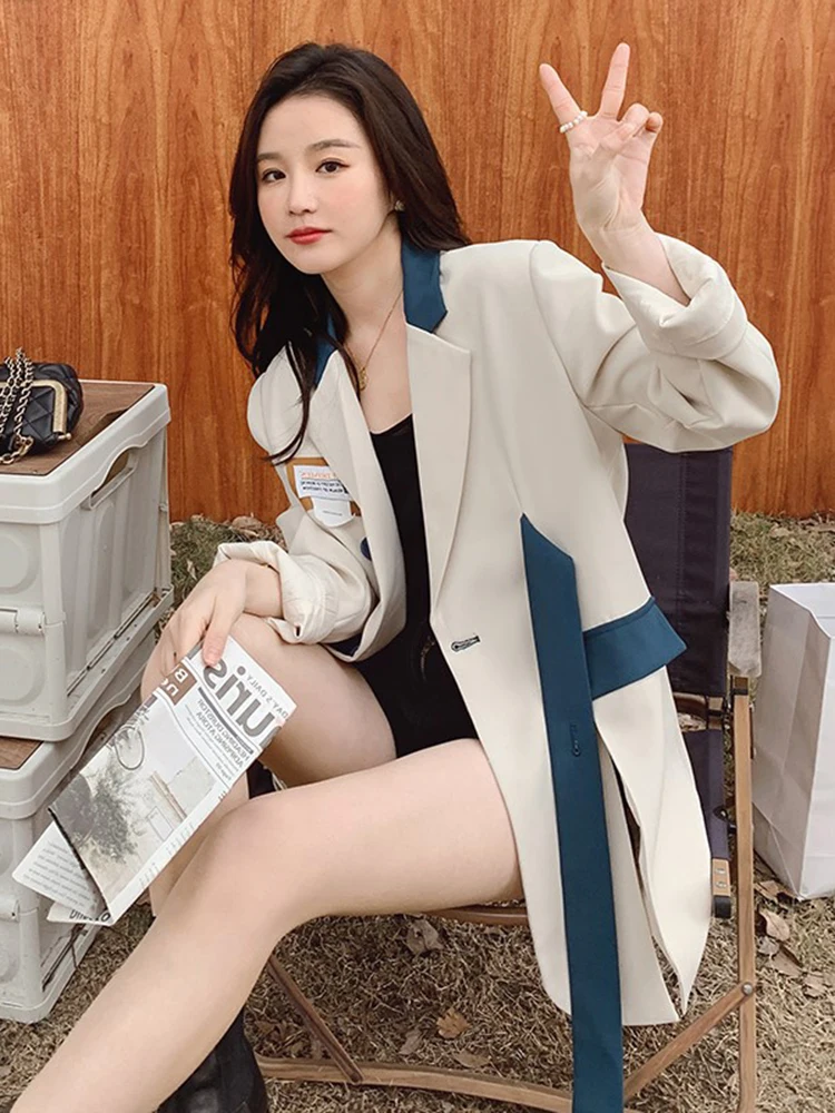 LANMREM Color Block Patchwork Blazer Notched Collar Long Sleeve Loose Asymmetrical Casual Coat Fashion Female 2024 Spring 2N691