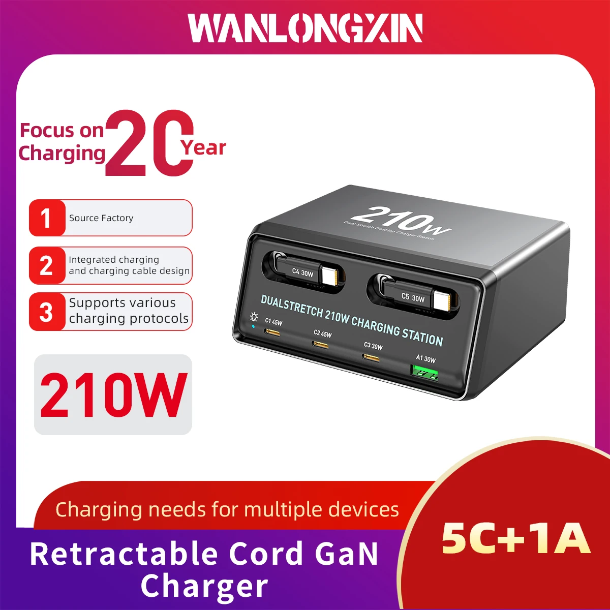 210W Smart Quick Charger 6-Port USB Fast Charging Station for Multiple Android Phone Travel Home Office Party Hotel Restaurant