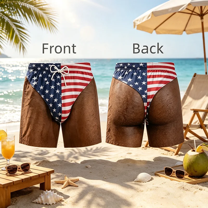 Men's Quick Dry Swim Trunks, Funny Hairy Legs & US Flag 3d Graphic Beach Shorts, Novelty Patriotic Casual Swimwear Boxers