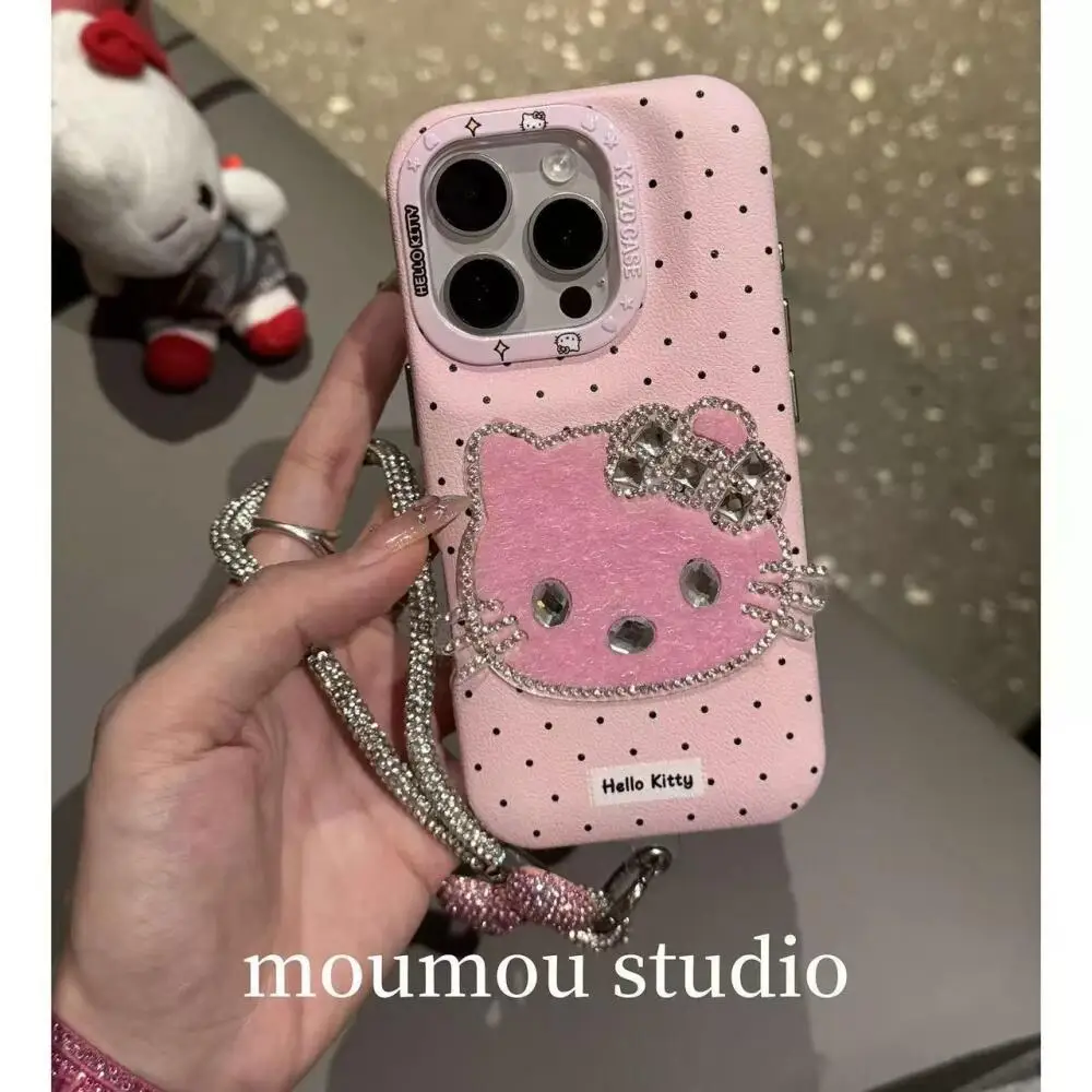Kawaii مرحبا كيتي قضية الهاتف المحمول آيفون 12 13 14 15 16 برو ماكس لطيف Kt سانريو أبل جراب هاتف مع قلادة أفخم هدية
