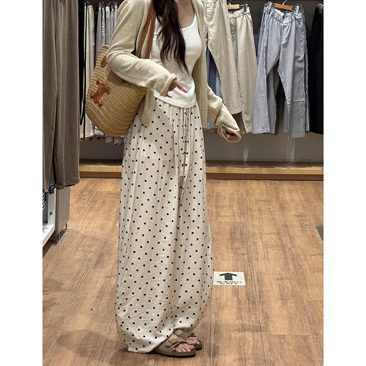 슬림 폴카 도트 와이드 레그 팬츠 여성용 여름 2025 신상 루즈 캐주얼 바지 하이 웨이스트 롱 팬츠 폴리에스터 섬유