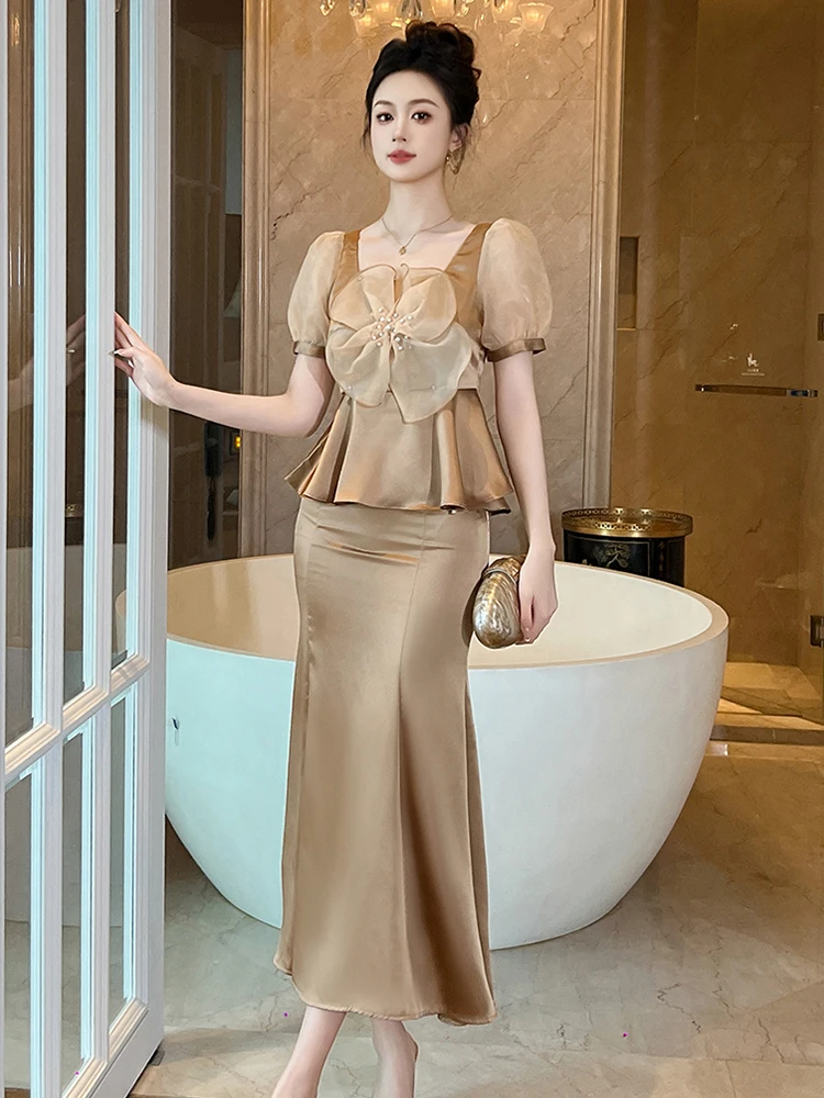 

New Summer Elegant Sweet 2 Piece Outfit Women Clothes Floral Square Collar Tops Shirt Blouse And High Waist Midi Skirt Mujer Set