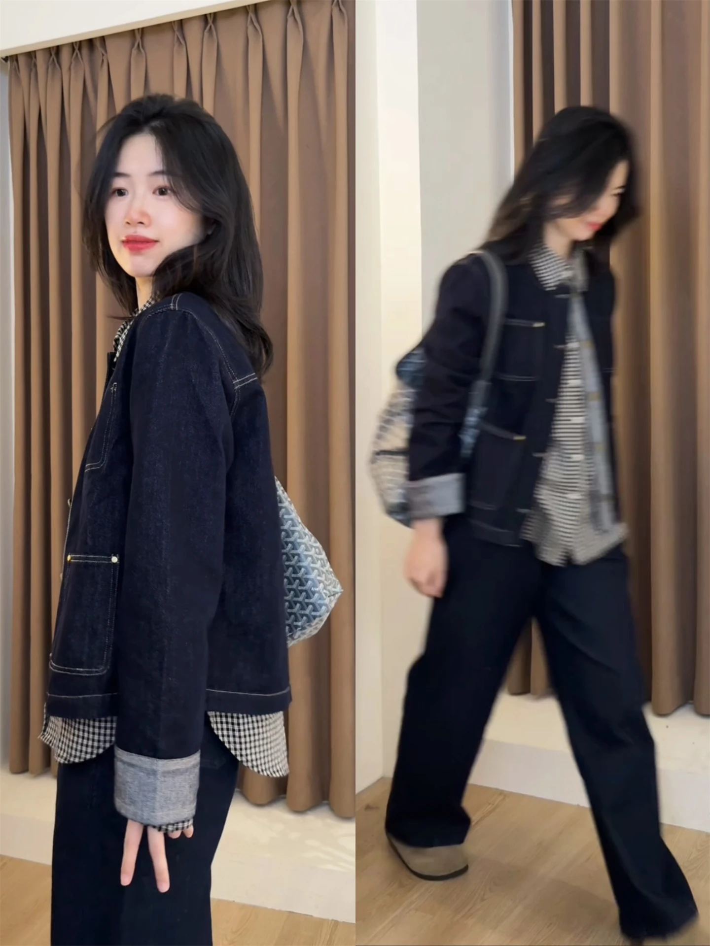 

Ретро-куртка из денима с цветными блоками и круглым вырезом, женская, осень 2025, модный топ из смесового хлопка и полиэстера, на пуговицах