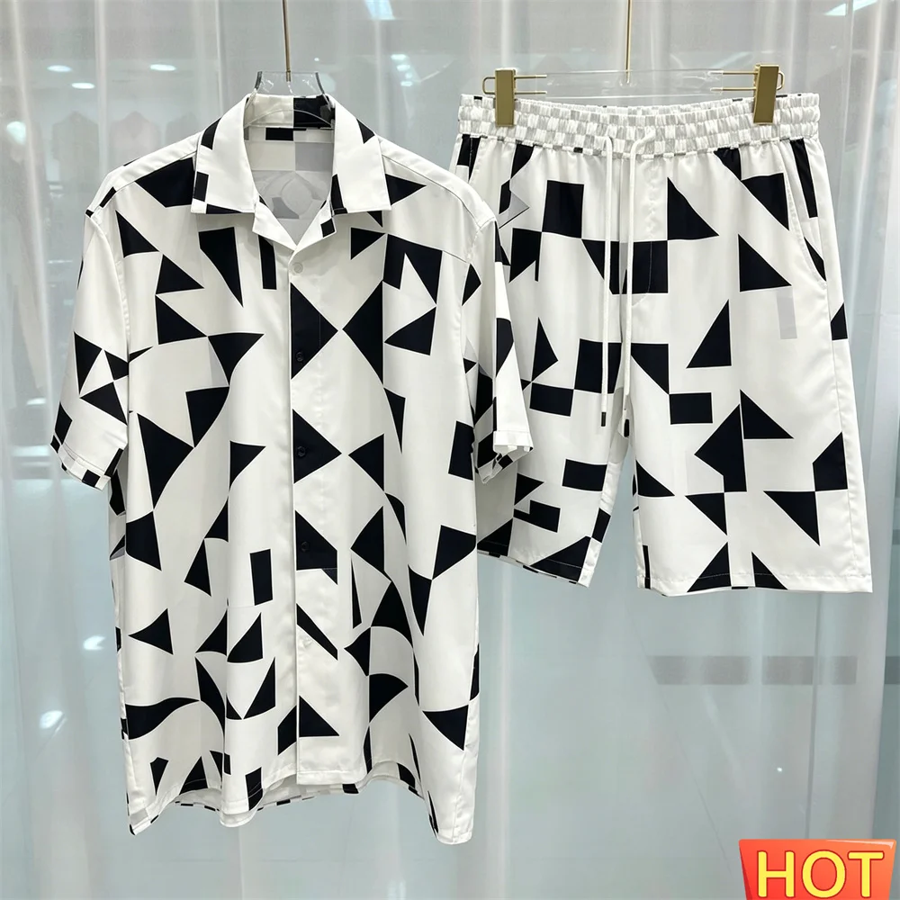 Geometry Men's Shirt Set Summer men casual two-piece set breathable 2 piece set Shirt shorts men' outfit two piece set Clothing