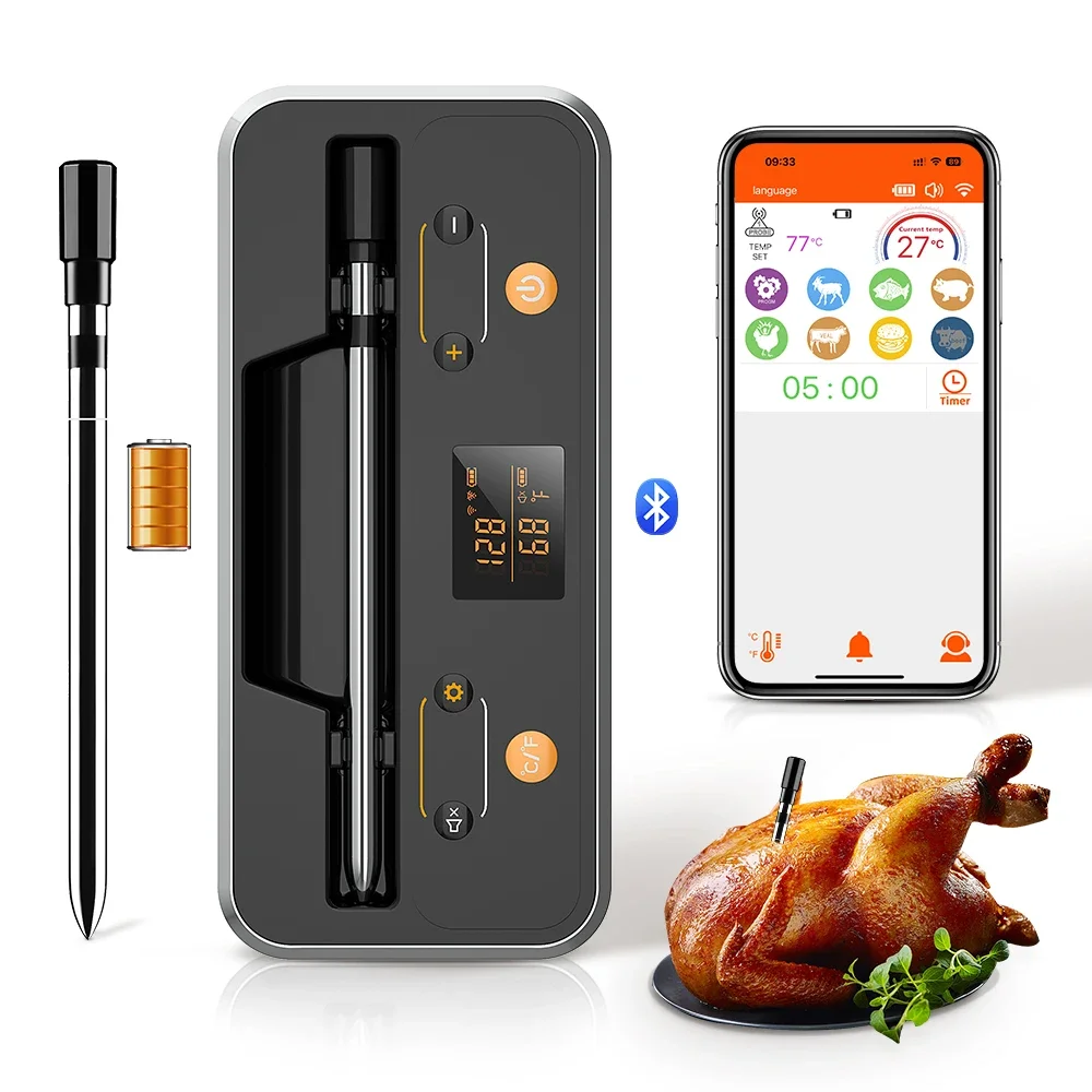 

Wireless Meat Thermometer Bluetooth Probe Rechargeable Food Thermometer with LCD Screen & Booster for BBQ Oven Rotisserie