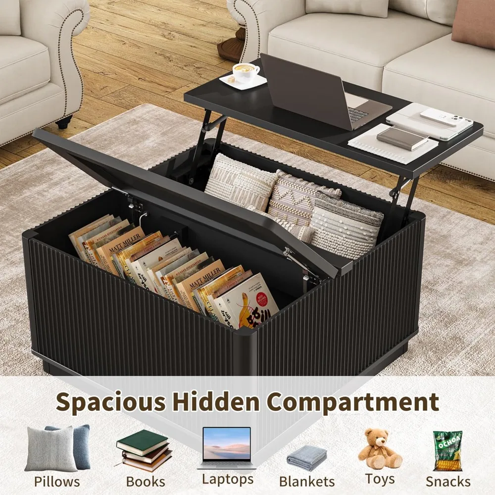 طاولة قهوة حديثة قابلة للرفع مع مساحة تخزين، طاولات قهوة مربعة مع إضاءة LED ومخرج طاقة، طاولة مركزية مربعة خشبية f #5