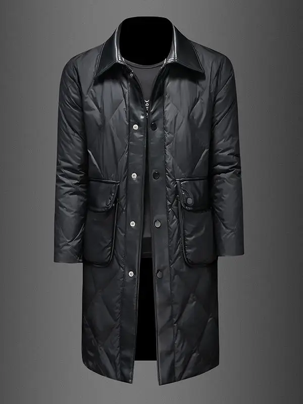 

Мужская зимняя утепленная длинная куртка-пуховик с кожаными вставками, приталенная, теплая, повседневная верхняя одежда, белая, с наполнителем из пуха, Diamond Busin Sle