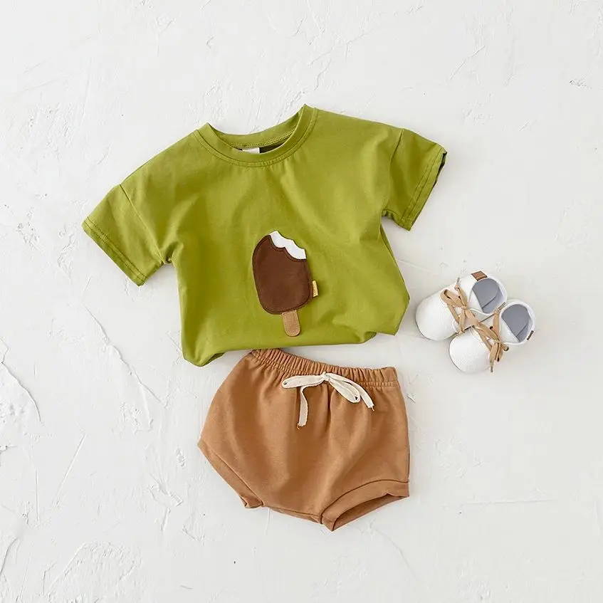 Summer Boys Children Clothing Baby Newborn Sets Girl Ice Cream Neck T-shirt+Triangle Shorts Cotton Infant Suit Kids 2PCS ﻿