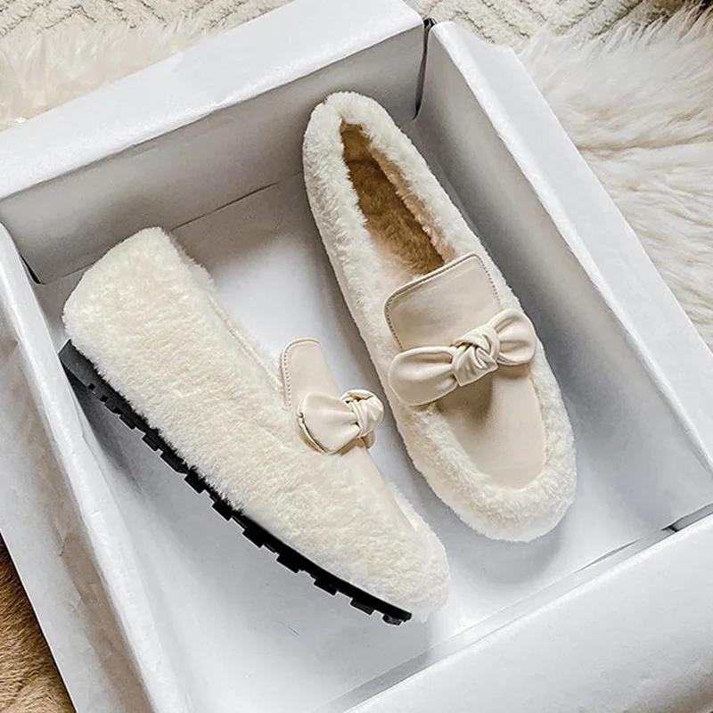 Winter White Wool Shoes Woman Sheep Fur Flats Bowknot Mocasines Plush Cotton Snow Boots Femme Hiver Lambswool Loafers