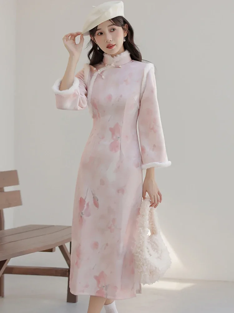 Autumn Winter Pink Floral Casual Long Dress Autumn Winter Flocking Thick Warm Dress 2024 Korean Fashion Elegant Bodycon Vestidos