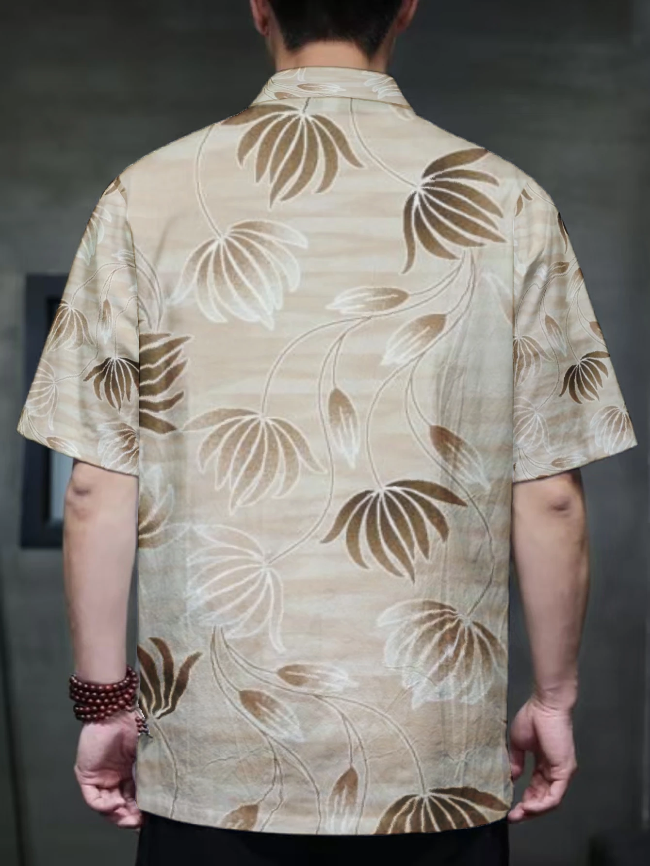 Men Loose Fit Chinese Style Short Sleeve Shirt Tropical Leaf Motif Stand Collar Frog Button Daily Wear Outerwear