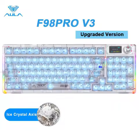 AULA F98Pro V3 Mechanical Keyboard Transparent Keycaps RGB Hot Swap Esports Gamer Keyboard 1.14 Inch TFT Screen Knob Custom Gift