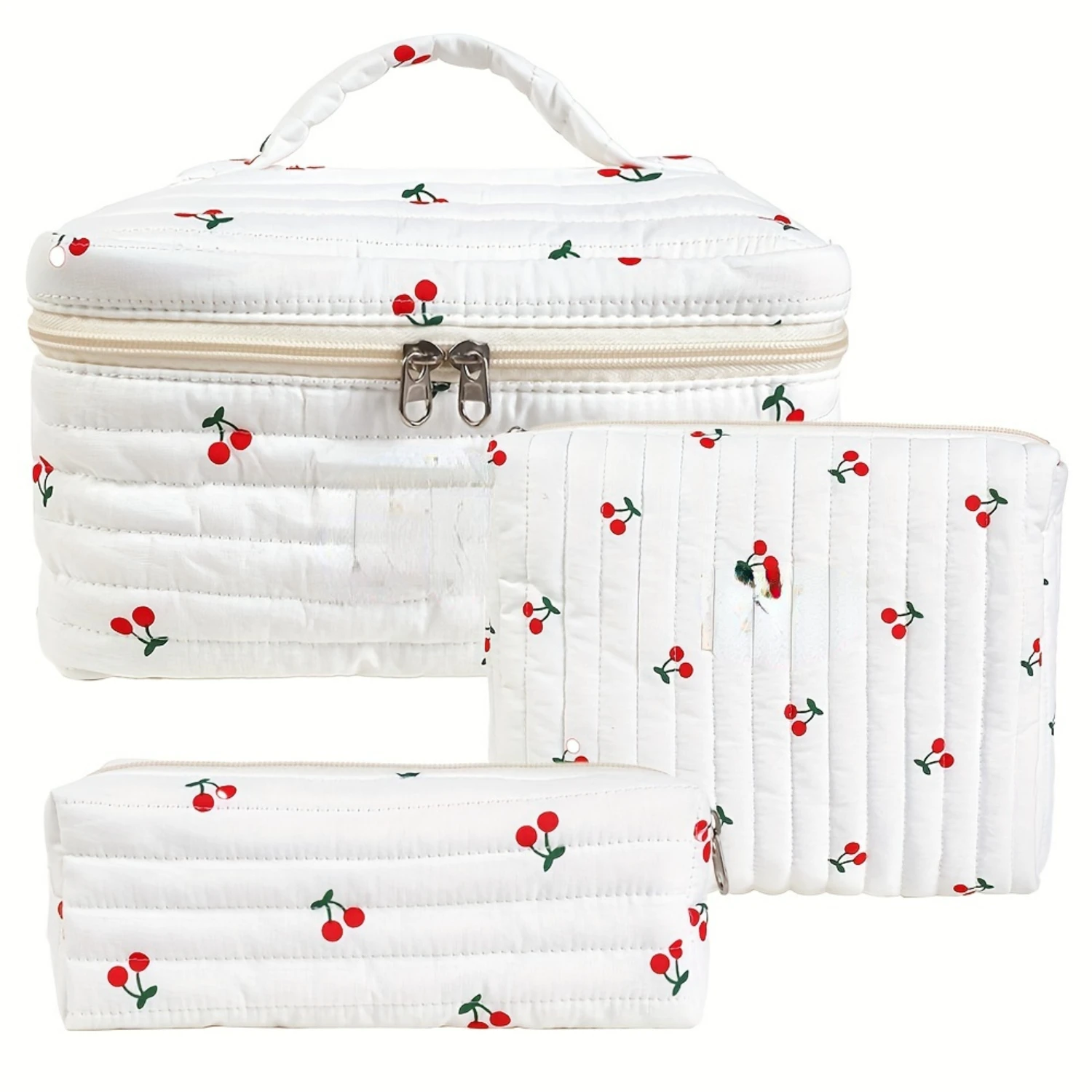 

Cherry-Print Cotton Cosmetic Bag Set - Elegant Toiletry Organizer for Women, Travel Makeup Gift