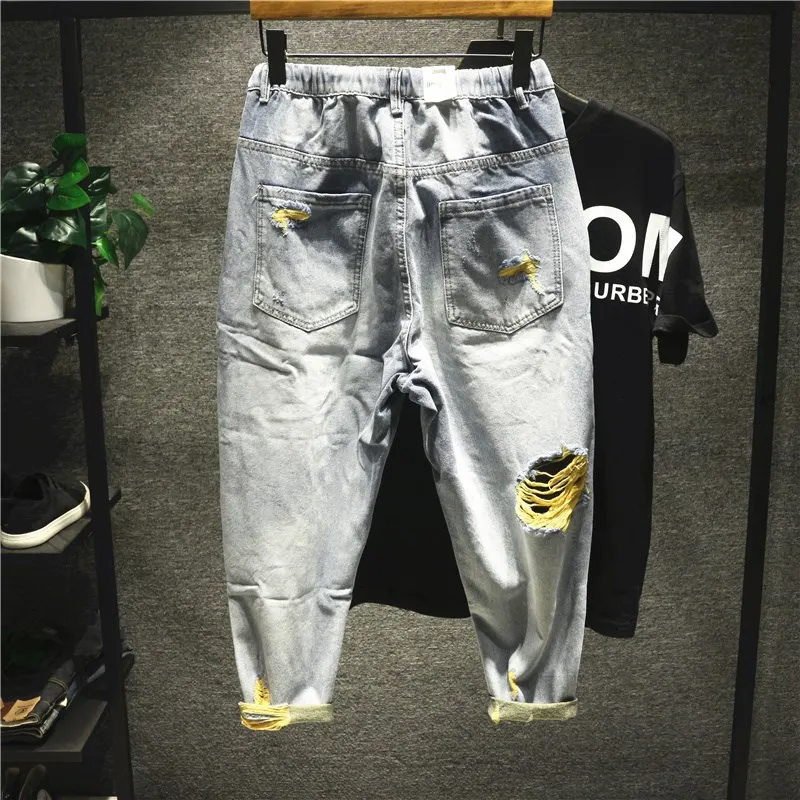 Men's Broken Hole Harlan 9-point Jeans Streetwear Fashion Loose Beggar Baggy Hip Hop Denim Pants Male Ripped Jeans