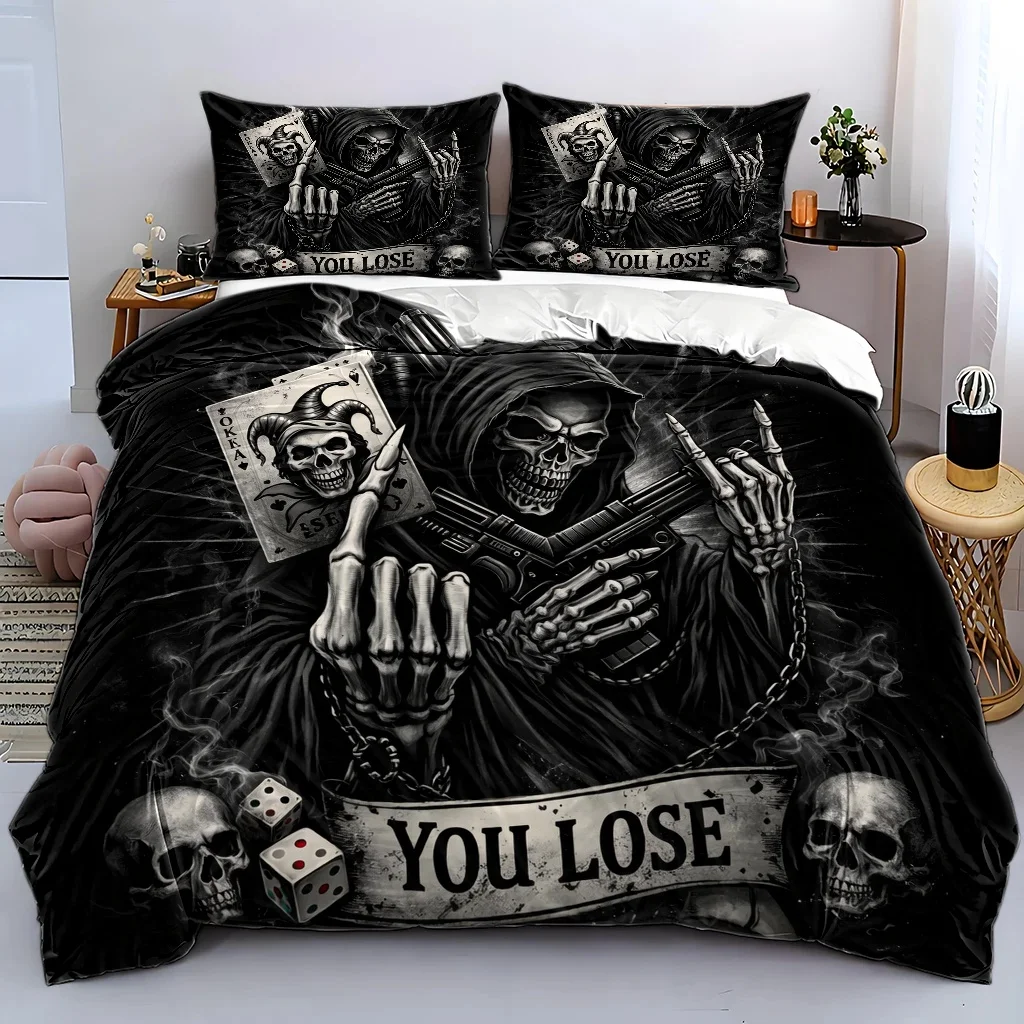 3Pc Dark Skull and Grim Reaper Theme Duvet Cover Set, Three-Piece Bedding Set (1 Duvet Cover + 2 Pillowcases), Suitable for All Seasons, Machine Washable, Can Be Used in Home, Dormitory, Master Bedroom, Guest Room, Includes Large Personal Bedspread Set with Invisible Zipper, Personalized Poker Dice Element Skull Print Bedding, Trendy Dark Style Bedroom Decor Bedding Set, Cross-Border Best-Selling Creative Skull and Grim Reaper Three-Piece Bedding Set