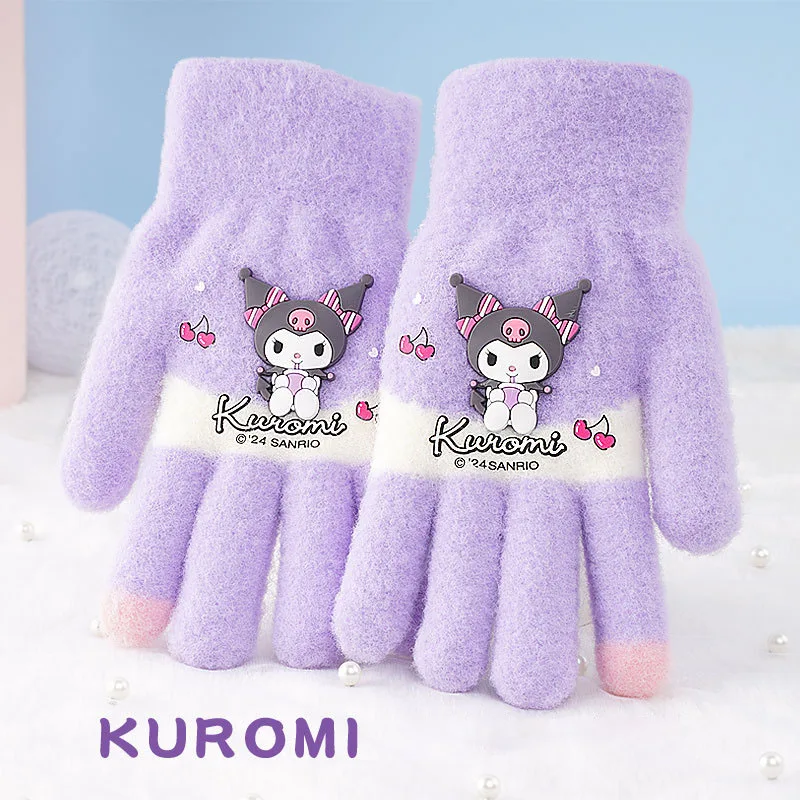 Sanrio Kuromi Cartoon Children Gloves Cinnamoroll Winter Thickened Full Fingers Mitten Gloves Cold-Proof Screen Touch Warm Gift