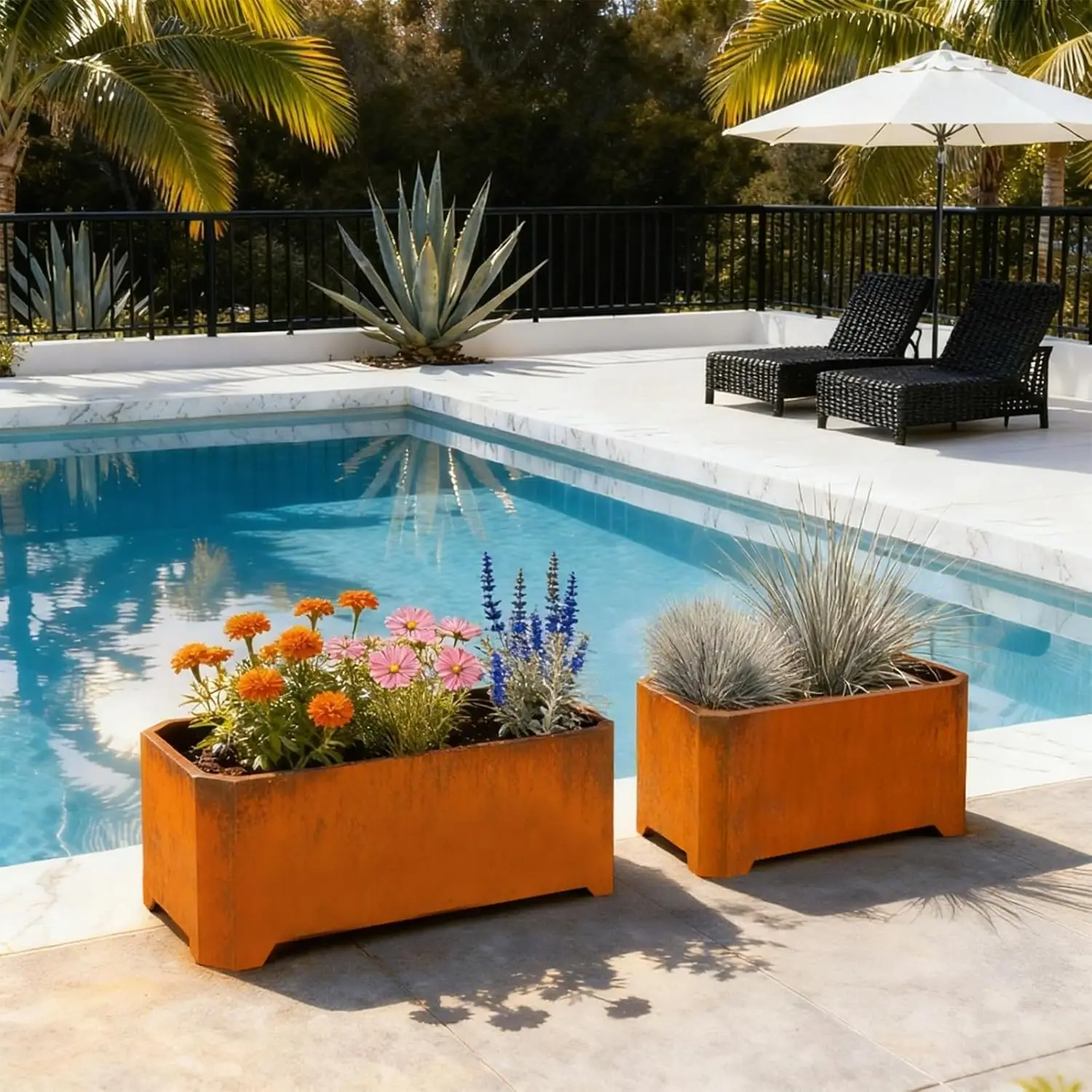 صندوق زراعة فولاذي من كورتن - 32 بوصة × 15 بوصة × 15 بوصة - مزارعات مستطيلة كبيرة للنباتات الخارجية، زارع طويل ريفي شديد التحمل مع مقاس مرتفع #6