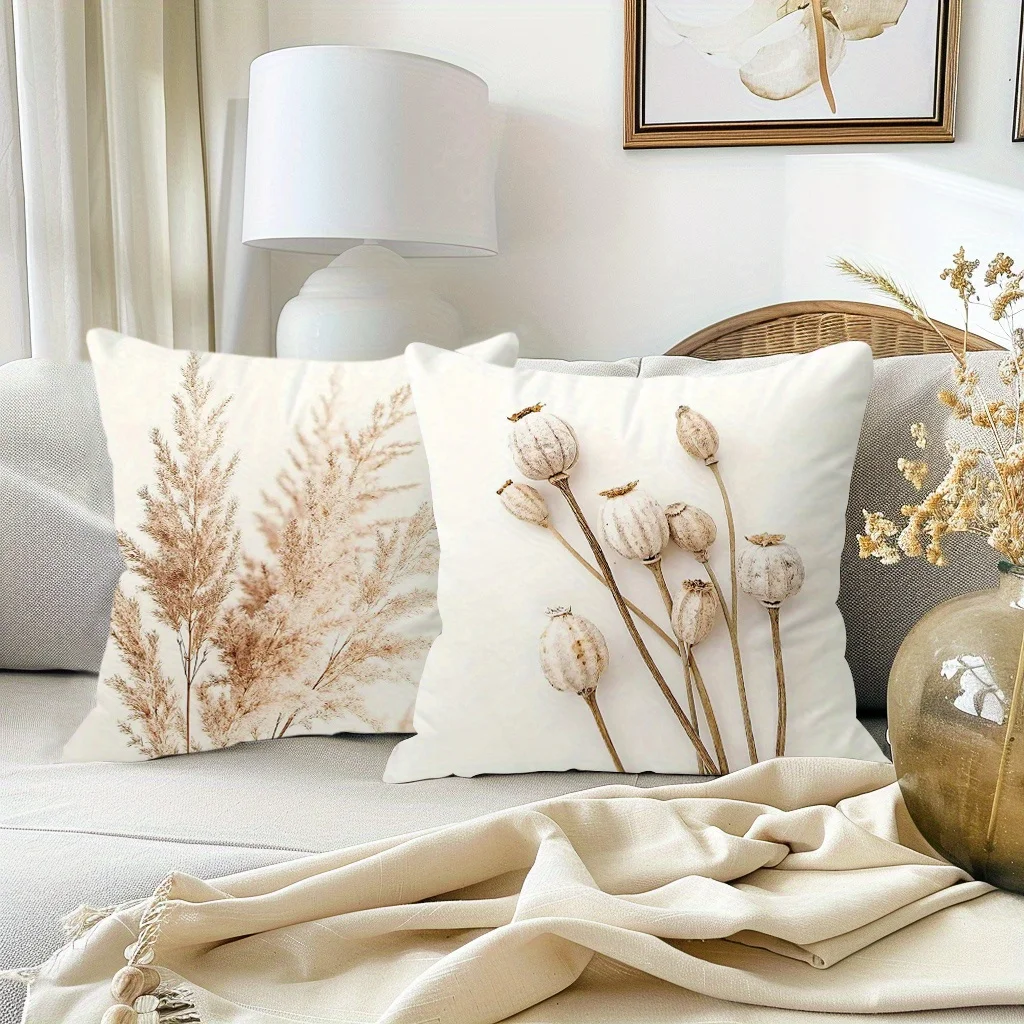 4pcs Bohemian Farmhouse Throw Pillow Covers 18x18 Inch - Rustic Neutral Dried Plants & HOME Print, Soft Short Plush Polyester wi