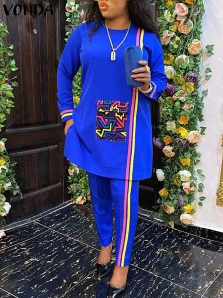 حجم كبير 5XL فوندا النساء بانت مجموعات 2025 الدعاوى المطبوعة خمر كم طويل بلوزات وبنطلون البوهيمي عادية فضفاض أنيق 2 قطعة #2