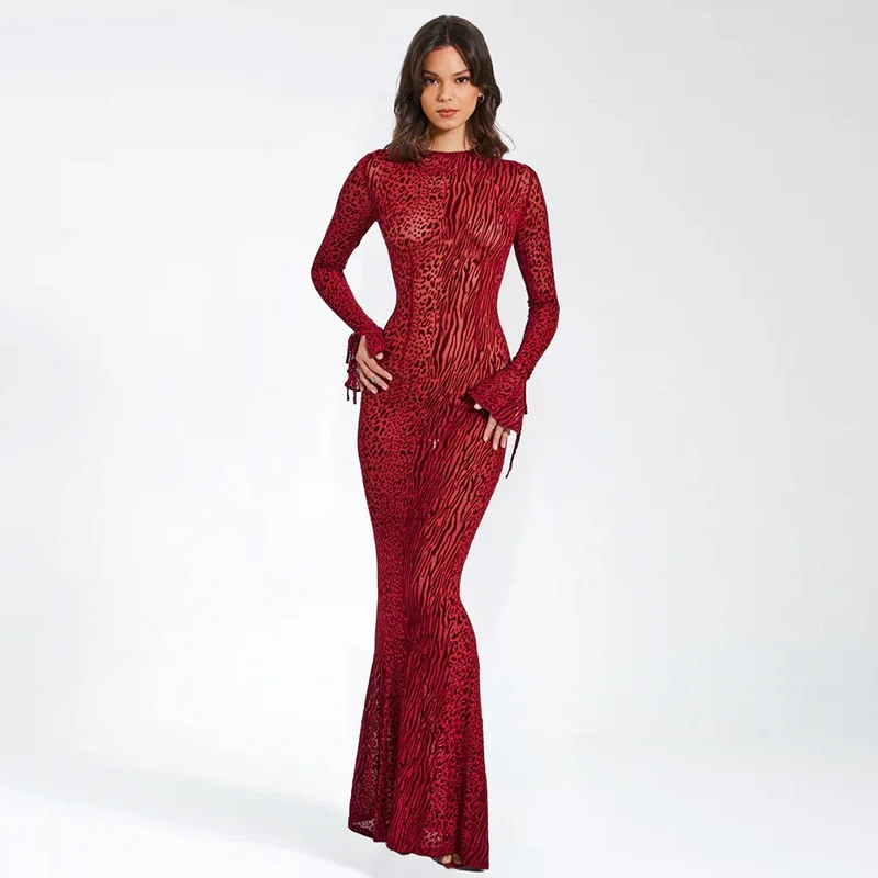 

Европейская и американская женская одежда 2025, модное длинное тонкое вечернее платье с сетчатым принтом