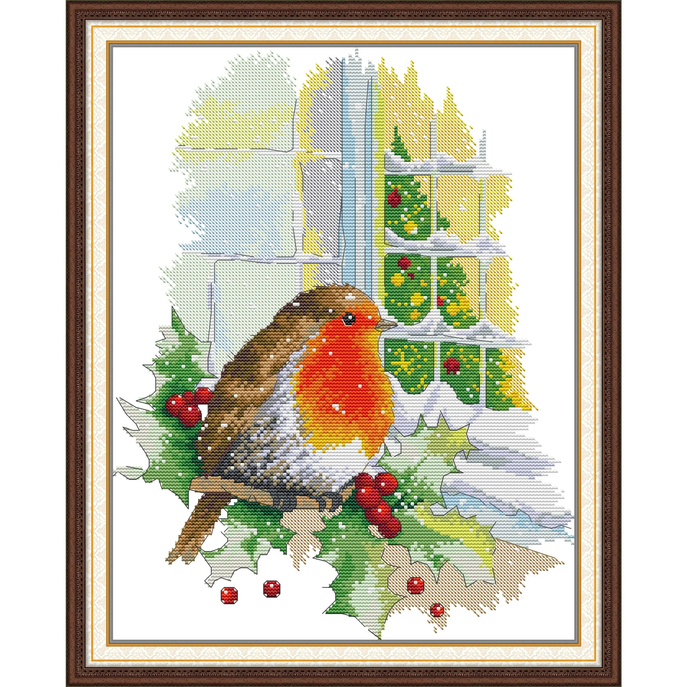 مجموعة غرز متقاطعة مطبوعة مسبقًا من Soulgift News، قماش عايدة مختوم مع خيوط DMC، طقم تطريز - طائر عيد الميلاد الأحمر في النافذة #1