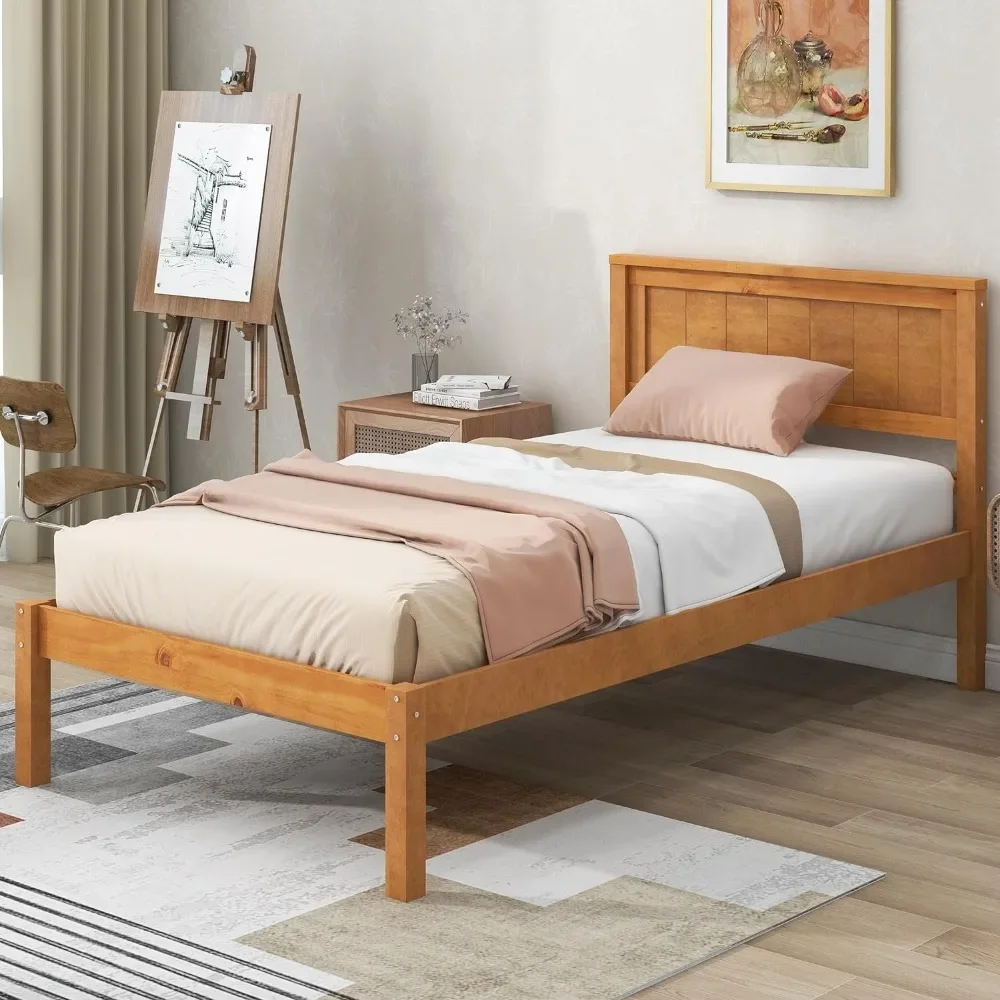 

Wood Platform Bed with Headboard, Platform Bed with Wood Slat Support, No Box Spring Needed,Twin Size,Oak